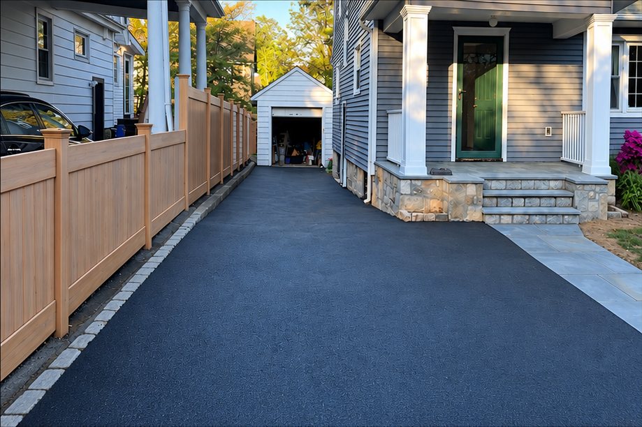 New asphalt driveway running alongside a wooden fence up to the garage