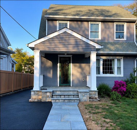 Front of the house showing the new bluestone walkway meeting the asphalt driveway